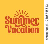 Summer vacation banner design with sun icon on yellow background. Summer logotype sticker for poster, template, flyer, greeting card, t shirt print. Editable text vector illustration.
