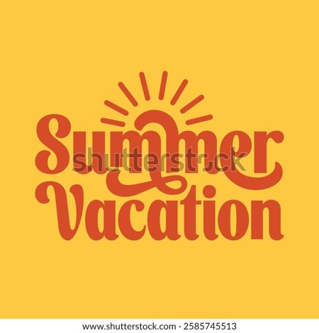 Summer vacation banner design with sun icon on yellow background. Summer logotype sticker for poster, template, flyer, greeting card, t shirt print. Editable text vector illustration.