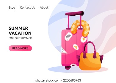 Summer vacation banner design. Travel suitcase, travel pillow and handbag vector cartoon illustration.