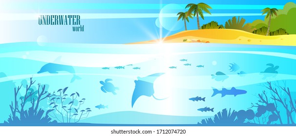 Summer vacation banner with ocean, tropical island, palm, dolphin, turtle, fish. Underwater background with sea animals, coral reef, plants silhouettes. Vector stock seascape in trendy blue colors.