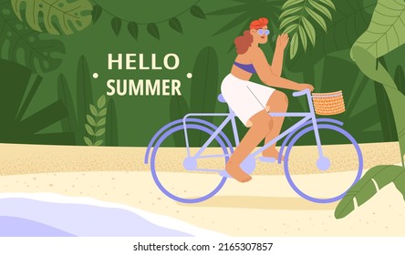 Summer vacation banner on a tropical island or seaside resort. Flat vector illustration with happy woman riding bicycle on a beach, exotic tropics in the background. 