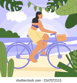 Summer Vacation Banner On A Tropical Island Or Seaside Resort. Flat Vector Illustration With Happy Woman Riding Bicycle On A Beach, Exotic Tropics In The Background. 