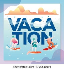 Summer Vacation Banner. Outdoor Activity With Active Characters Man and Woman for Print. Surfing Surface Water Sport.