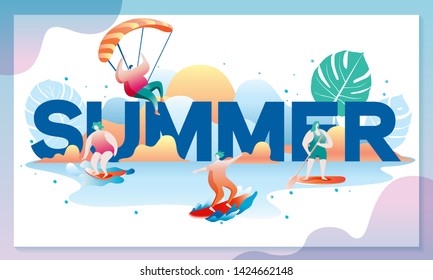 Summer Vacation Banner. Outdoor Activity With Active Characters Man and Woman for Print.