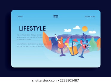 Summer vacation banner. Set of fruit cocktails in glass cups against backdrop of sandy shore with plants. Sea or ocean in tropical country. Tourism and travel. Cartoon flat vector illustration