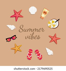 Summer vacation banner with  starfish, shells, sunglasses, sunscreen and cocktail. Vector illustration.