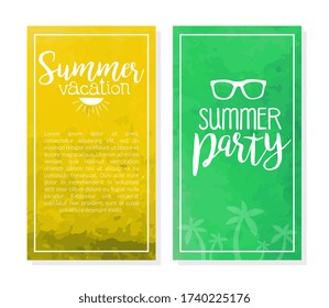 Juego de plantillas de pancartas de vacaciones de verano, invitación de fiesta, iluminación de vectores de letras de color de agua de volante