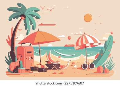 Summer vacation banner. Tropical beach with precious objects, bags, umbrellas. Horizontal flat vector illustration.