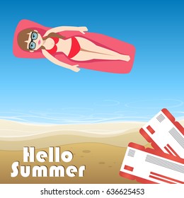 Summer vacation banner. Vector illustration top view the beach and sea with a girl floating on the mattress