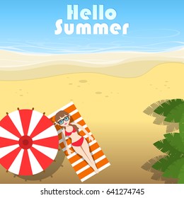 Summer vacation banner. Vector illustration top view the beach and sea with a sunbathing girl under an umbrella