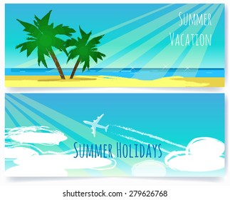 summer vacation banners with palms and clouds