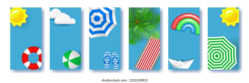 Summer vacation banners set.  Beach holiday. Beach umbrella, lifebuoy, ball, sun, clouds, paper ship, sandals and rainbow on vertical banners