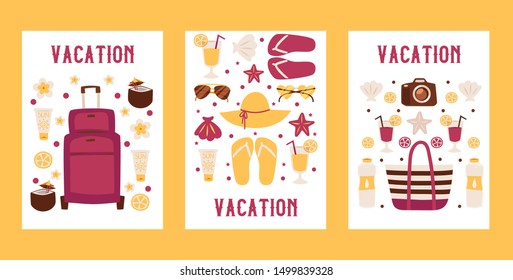 Summer vacation banners, vector illustration. Travel agency flyer, isolated flat style icons of vacation accessories. Tour advertisement, seaside and beach leisure, summertime holiday trip brochure