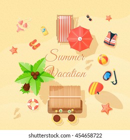 Summer vacation beach accessories composition top view poster with  swimming suit palm thongs and snorkel abstract vector illustration 
