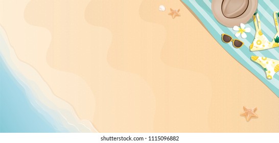 Summer vacation beach accessories on sand for web banner background with copy space