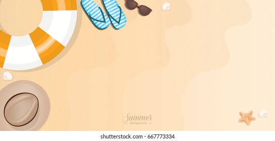 Summer vacation beach accessories on sand - web banner background