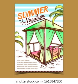 Summer Vacation Beach Advertising Poster Vector. Deck Chairs Under Canopy Under Sunshade On Beach. Elegant Fashion And Idyllic Lounge Zone Engraving Layout Designed In Retro Style Color Illustration