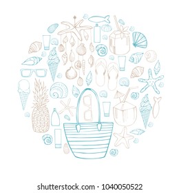 Summer vacation. Beach bag, Seashell Mobile, shells. Vector illustration.