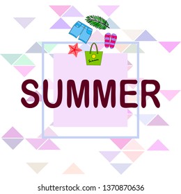 Summer vacation. Beach bag, slippers, shorts, starfish, tropical sheet. Vector background