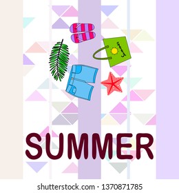 Summer vacation. Beach bag, slippers, shorts, starfish, tropical sheet. Vector background