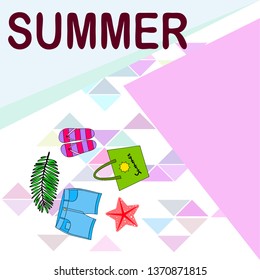 Summer vacation. Beach bag, slippers, shorts, starfish, tropical sheet. Vector background