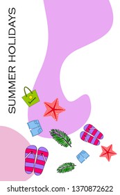 Summer vacation. Beach bag, slippers, shorts, starfish, tropical sheet. Vector background