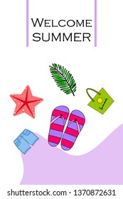Summer vacation. Beach bag, slippers, shorts, starfish, tropical sheet. Vector background