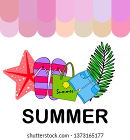 Summer vacation. Beach bag, slippers, shorts, starfish, tropical sheet. Vector background