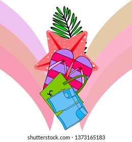 Summer vacation. Beach bag, slippers, shorts, starfish, tropical sheet. Vector background