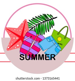 Summer vacation. Beach bag, slippers, shorts, starfish, tropical sheet. Vector background
