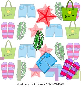 Summer vacation. Beach bag, slippers, shorts, starfish, tropical sheet. Vector background