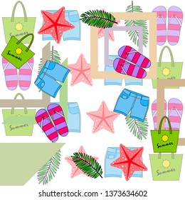 Summer vacation. Beach bag, slippers, shorts, starfish, tropical sheet. Vector background