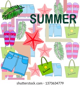Summer vacation. Beach bag, slippers, shorts, starfish, tropical sheet. Vector background