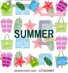 Summer vacation. Beach bag, slippers, shorts, starfish, tropical sheet. Vector background