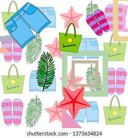 Summer vacation. Beach bag, slippers, shorts, starfish, tropical sheet. Vector background