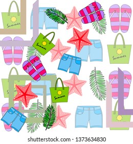 Summer vacation. Beach bag, slippers, shorts, starfish, tropical sheet. Vector background