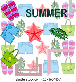 Summer vacation. Beach bag, slippers, shorts, starfish, tropical sheet. Vector background
