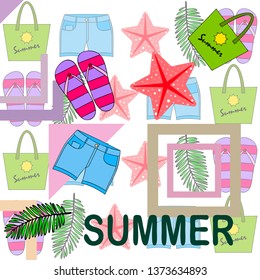 Summer vacation. Beach bag, slippers, shorts, starfish, tropical sheet. Vector background