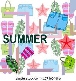 Summer vacation. Beach bag, slippers, shorts, starfish, tropical sheet. Vector background