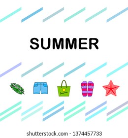 Summer vacation. Beach bag, slippers, shorts, starfish, tropical sheet. Vector background