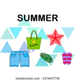 Summer vacation. Beach bag, slippers, shorts, starfish, tropical sheet. Vector background