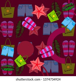 Summer vacation. Beach bag, slippers, shorts, starfish, tropical sheet. Vector background
