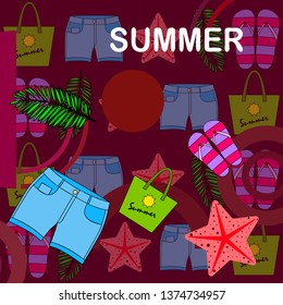 Summer vacation. Beach bag, slippers, shorts, starfish, tropical sheet. Vector background
