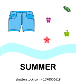 Summer vacation. Beach bag, slippers, shorts, starfish, tropical sheet. Vector background