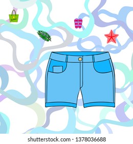 Summer vacation. Beach bag, slippers, shorts, starfish, tropical sheet. Vector background