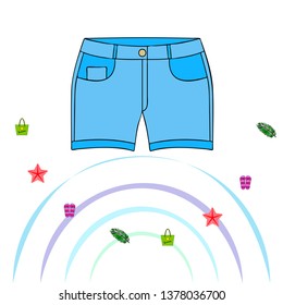 Summer vacation. Beach bag, slippers, shorts, starfish, tropical sheet. Vector background