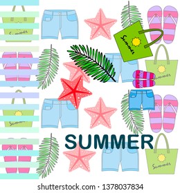 Summer vacation. Beach bag, slippers, shorts, starfish, tropical sheet. Vector background