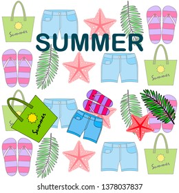 Summer vacation. Beach bag, slippers, shorts, starfish, tropical sheet. Vector background