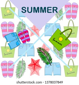 Summer vacation. Beach bag, slippers, shorts, starfish, tropical sheet. Vector background