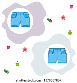 Summer vacation. Beach bag, slippers, shorts, starfish, tropical sheet. Vector background